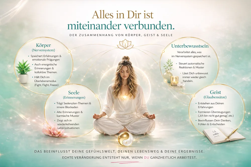Infografik: Ganzheitlicher Ansatz – Nervensystem, Unterbewusstsein, Glaubenssätze und seelische Blockaden im Zusammenhang