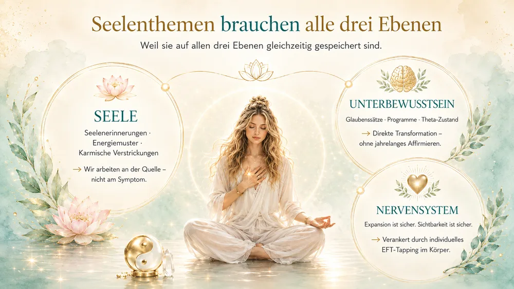 Infografik – Seelenthemen brauchen alle drei Ebenen Infografik: Seelenthema Mentoring – Transformation auf 3 Ebenen: Seele, Unterbewusstsein, Nervensystem
