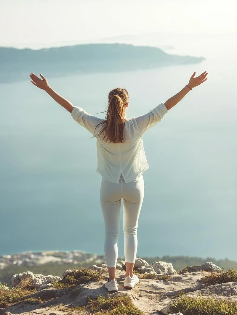 Frau auf Klippe am Meer – innere Freiheit nach Transformation Junge Frau streckt stolz die Arme aus auf einer Klippe am Meer – Symbol für innere Freiheit und Transformation durch Seelenthema Mentoring