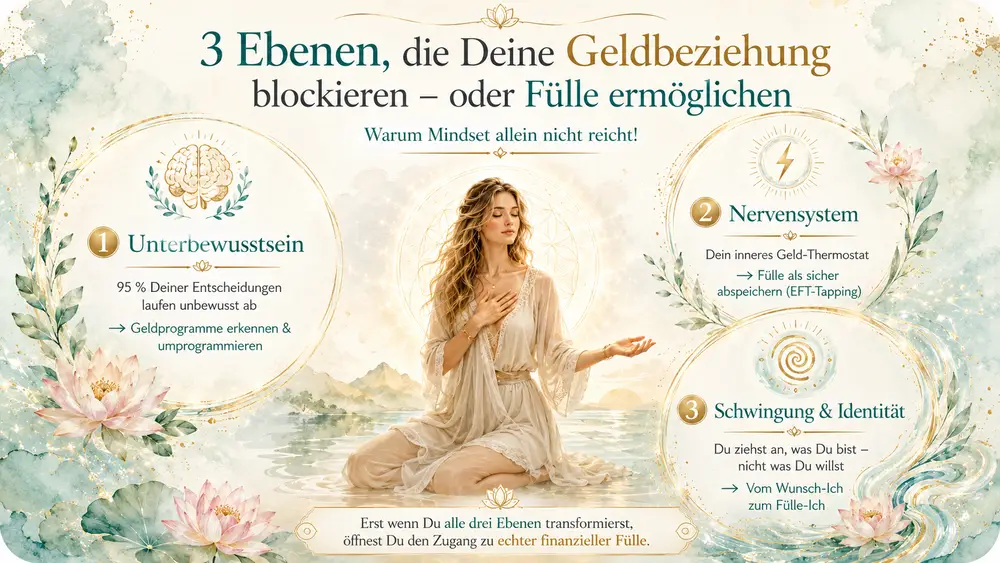 Infografik mit den 3 Ebenen, die finanzielle Fülle blockieren oder ermöglichen – Unterbewusstsein, Nervensystem, Schwingung und Identität