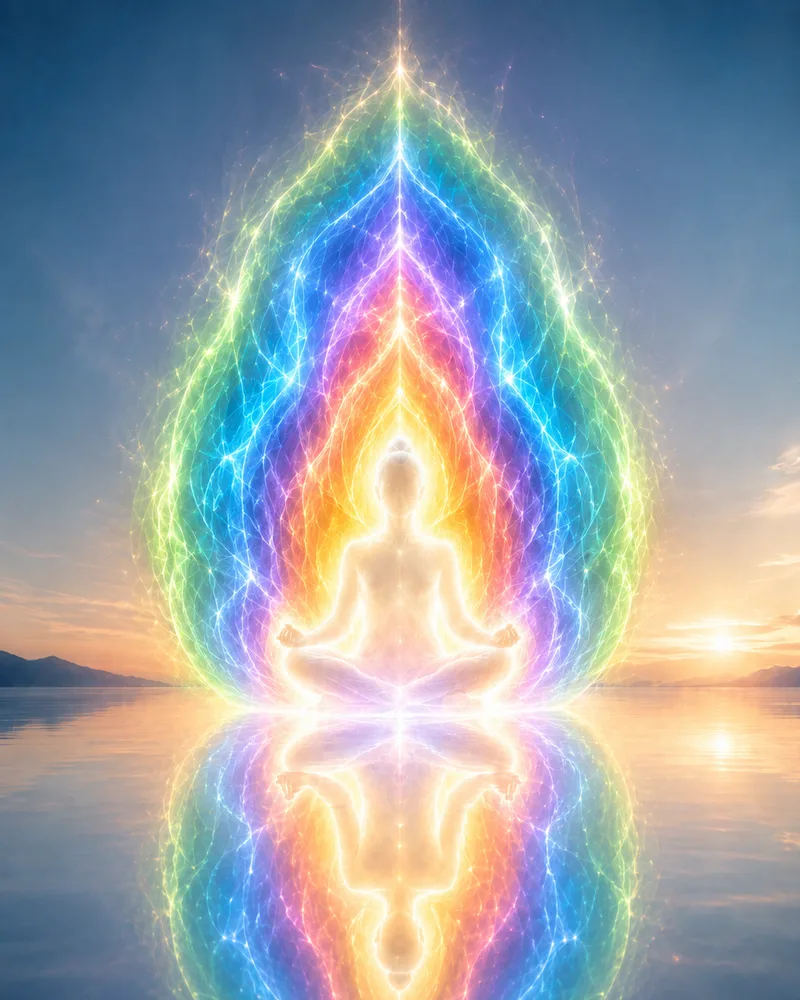 Aurareinigung – Dein Energiefeld in voller Farbe Aurareinigung Symbolbild: meditierende Person in leuchtendem Regenbogen-Energiefeld am Wasser bei Sonnenuntergang