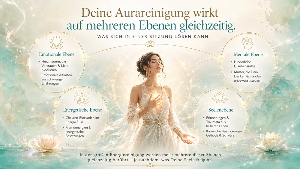 Deine Aurareinigung wirkt auf mehreren Ebenen gleichzeitig Aurareinigung Infografik: emotionale, mentale, energetische & seelische Ebene, die in einer Sitzung gelöst werden können