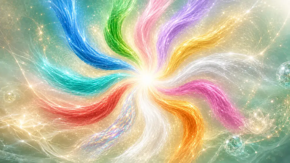 Zwölf bunte Lichtstrahlen der Elohim-Energie wirbeln spiralförmig um ein strahlendes Zentrum – Symbolbild für Elohim-Energie