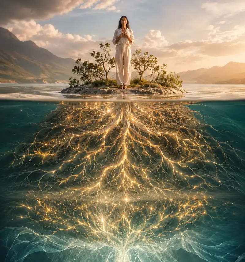 Frau auf einer Insel mit leuchtenden Wurzeln im Wasser – Symbolbild für seelische Blockaden an der Wurzel lösen