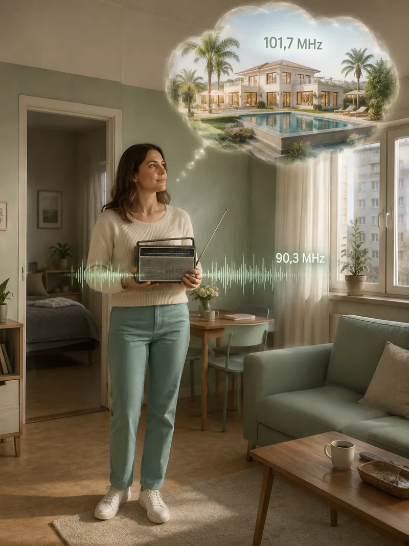Eine Frau steht mit einem alten Radio in ihrem Wohnzimmer und stellt bewusst die Frequenz von 90,3 auf 101,7 MHz um, während über ihr eine Villa mit Pool als Gedankenbild erscheint. Das Bild symbolisiert, wie bewusste Frequenz-Abstimmung beim Manifestieren von Lebensfülle wirkt.
