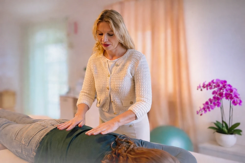 Nicole Maier bei der Energiearbeit mit Handauflegen während einer Anwendung