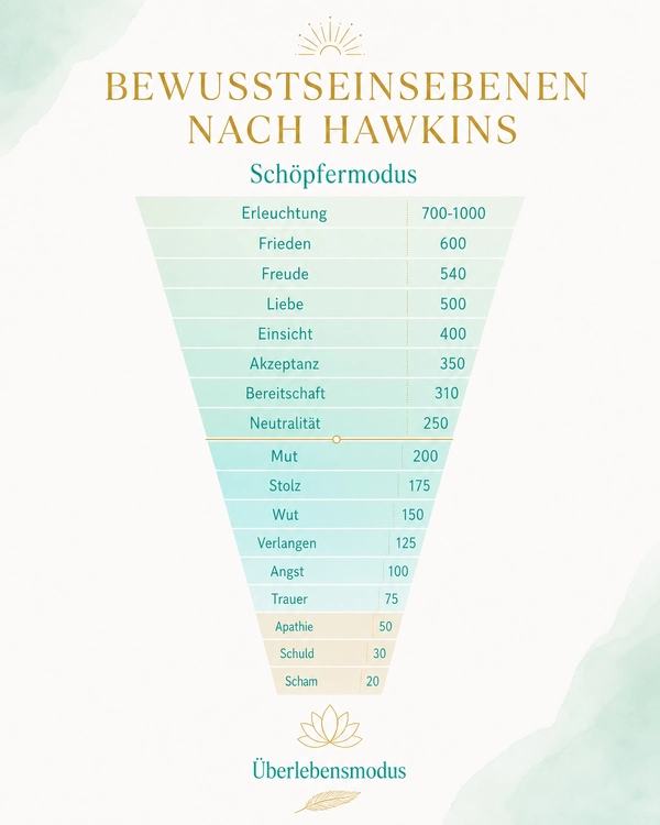 Infografik über Bewusstseinsskala nach Hawkins: 17 Ebenen von Scham bis Erleuchtung – Überlebensmodus und Schöpfermodus