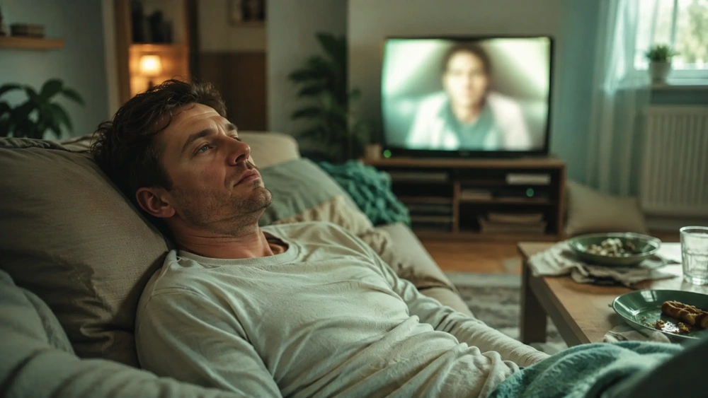 Mann liegt antriebslos und in sich gekehrt auf dem Sofa – typisches Anzeichen von Rückzug bei Depression