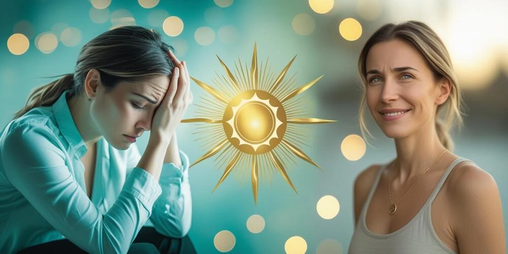 Frau erschöpft durch Burnout neben goldenem Energiesymbol und Frau in innerer Kraft nach Energiearbeit