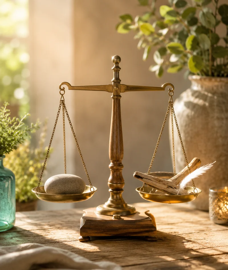 Eine Waage mit Stein und Federn im Gleichgewicht symbolisiert Karma als universelles Gesetz von Ursache und Wirkung