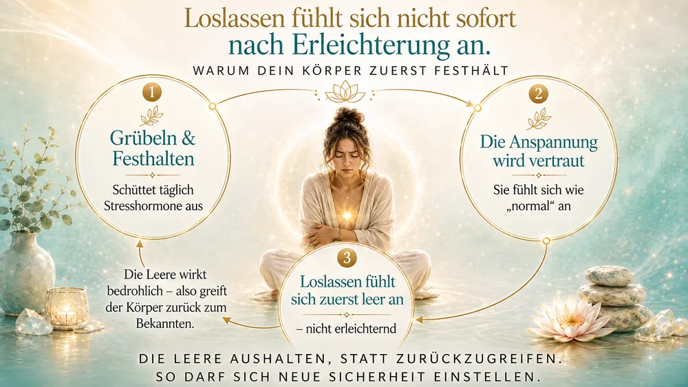 Infografik zeigt den Kreislauf des Loslassens – warum Stress und Grübeln sich normal anfühlen