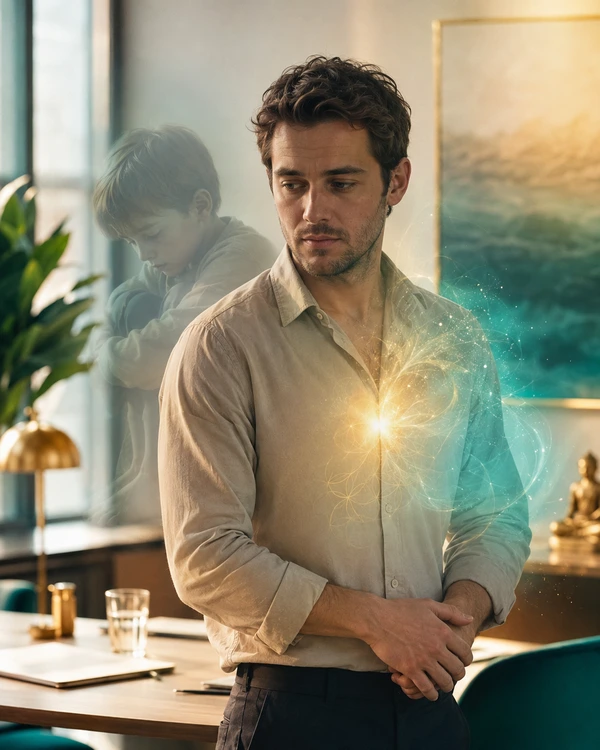 Du hältst Dich klein – ein Zeichen von Selbstsabotage Mann hält sich innerlich klein, im Hintergrund die zarte Silhouette seines inneren Kindes als Symbol für Selbstsabotage