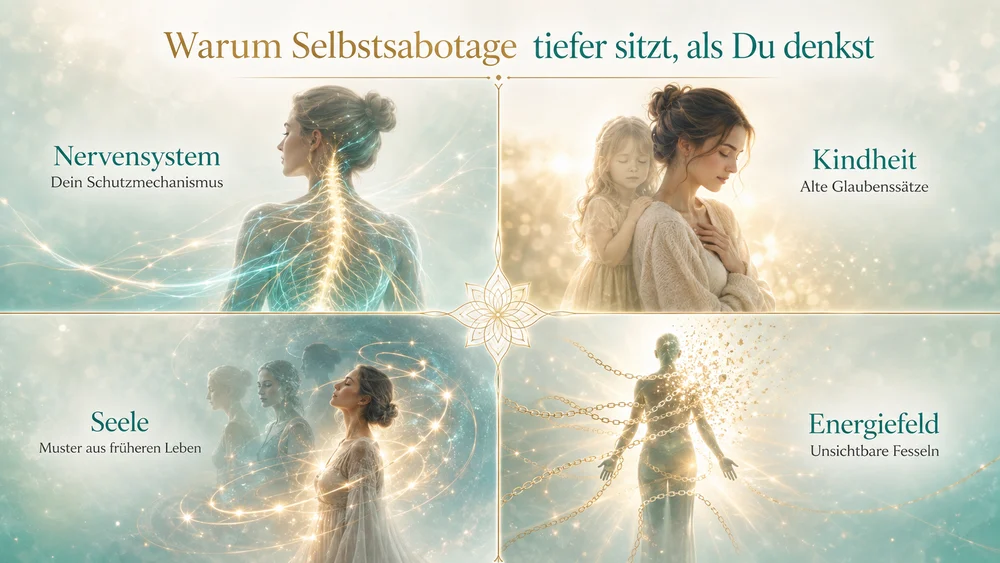 Die 4 Wurzeln Deiner Selbstsabotage Infografik: Die vier Wurzeln von Selbstsabotage – Nervensystem, Kindheit, Seelenthemen und Energiefeld
