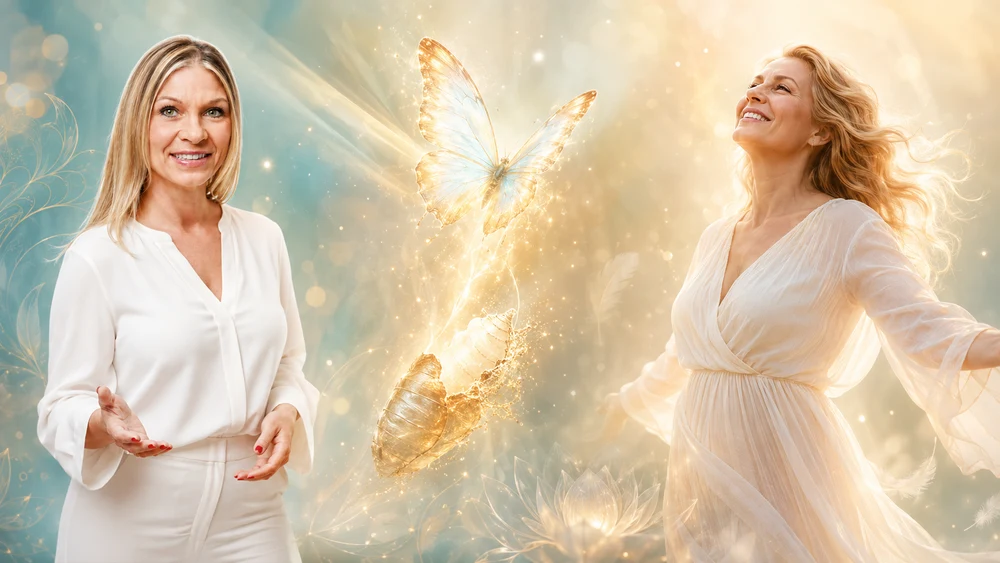 Deine Wege der Transformation Symbolische Transformation von Selbstsabotage zu innerer Fülle – Raupe wird zum Schmetterling, begleitet von Nicole Maier