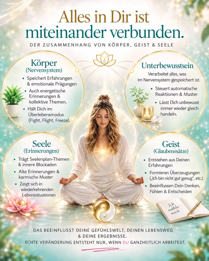 Infografik: Ganzheitlicher Ansatz – Nervensystem, Unterbewusstsein, Glaubenssätze und seelische Blockaden im Zusammenhang, mobile Ansicht